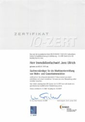 Zertifikat IQ-Zert DIN EN ISO 17024 Sachverständiger für die Marktwertermittlung von Wohn- und Gewerbeimmobilien