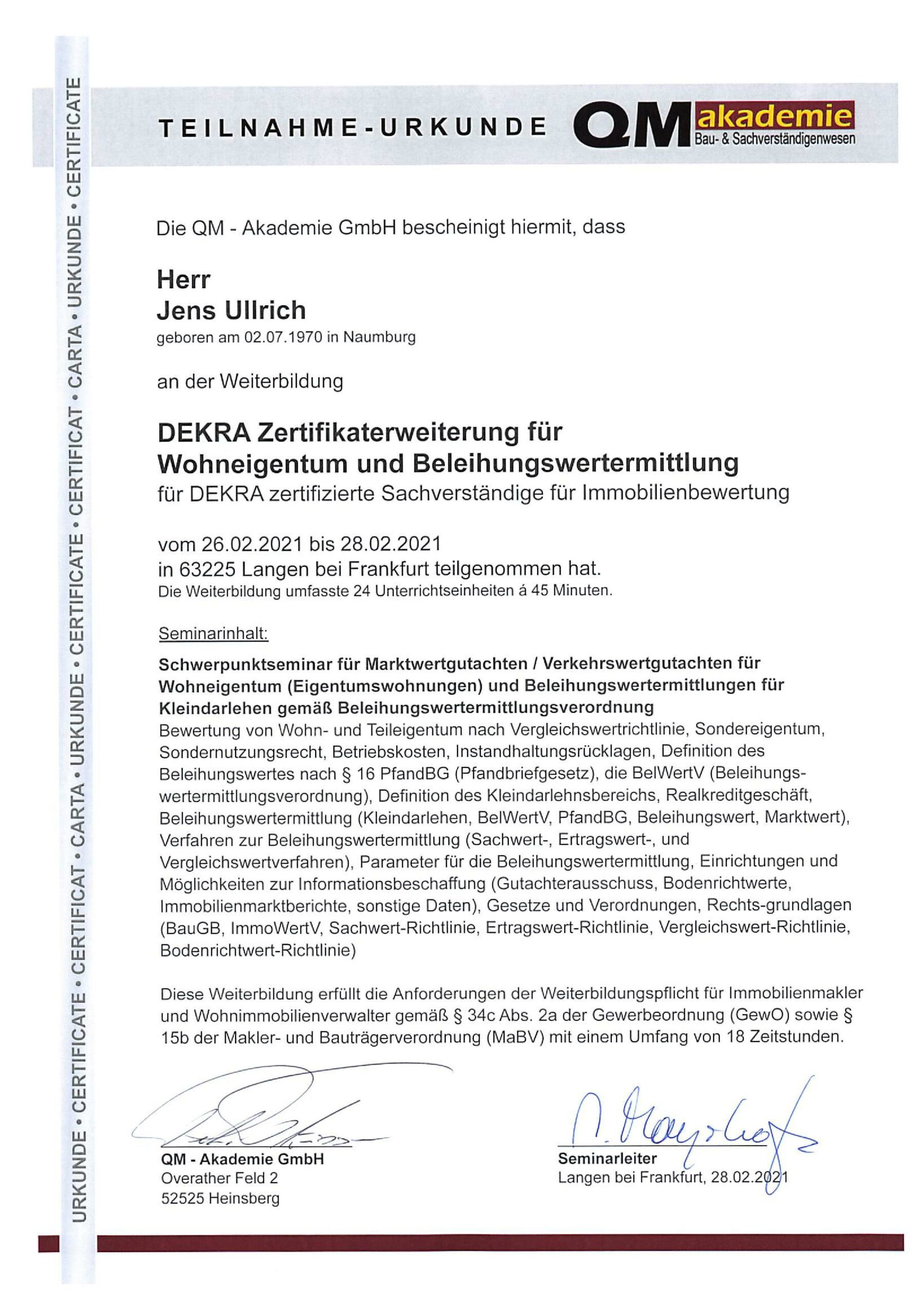 Jens Ullrich QM- Akademie DEKRA Zertifikatserweiterung für Wohneigentum und Beleihungswertermittlung