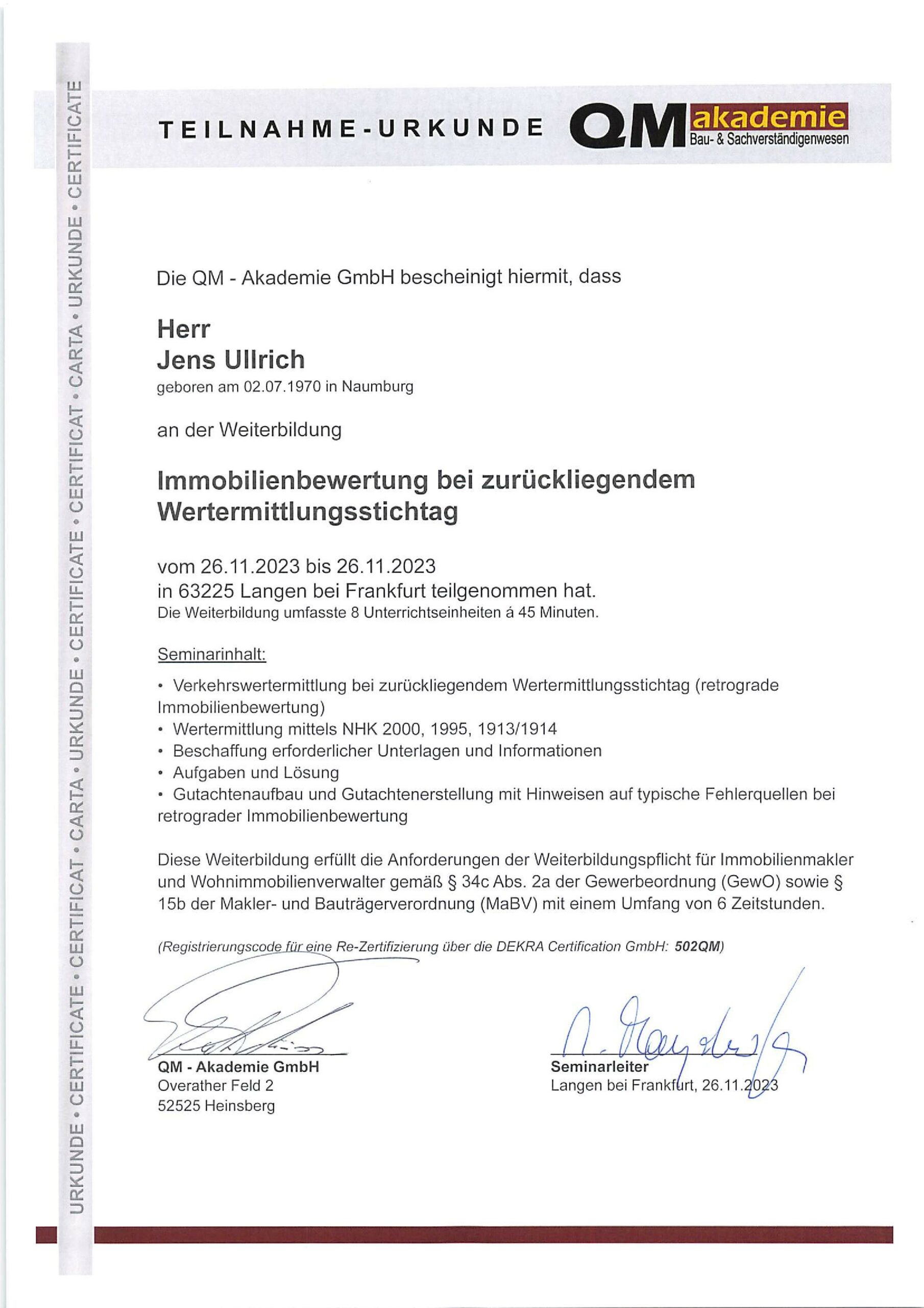 Jens Ullrich QM- Akademie Immobilienbewertung bei zurückliegendem Wertermittlungsstichtag