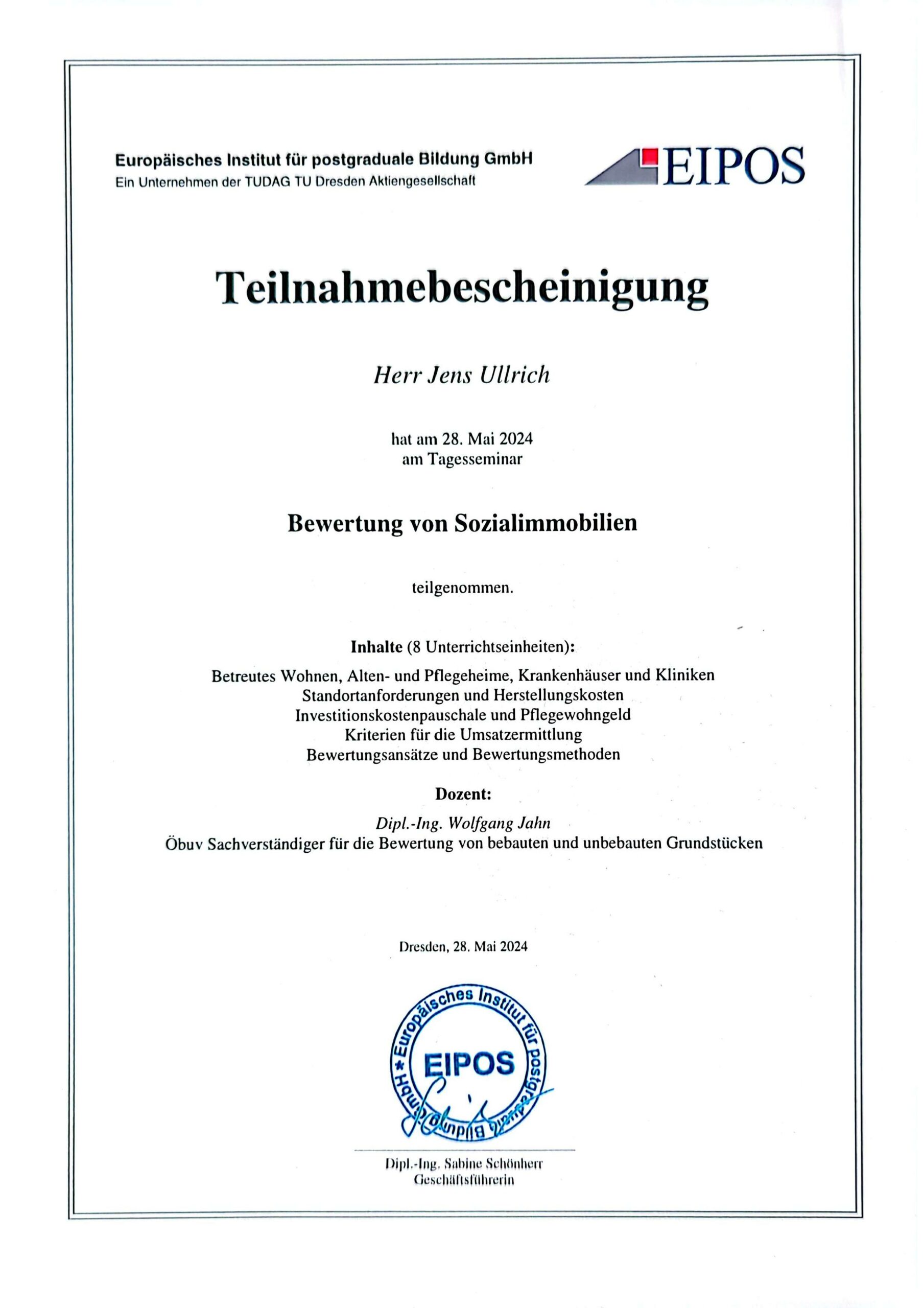 Jens Ullrich EIPOS Dresden Bewertung von Sozialimmobilien Dipl.-Ing. Wolfgang Jahn